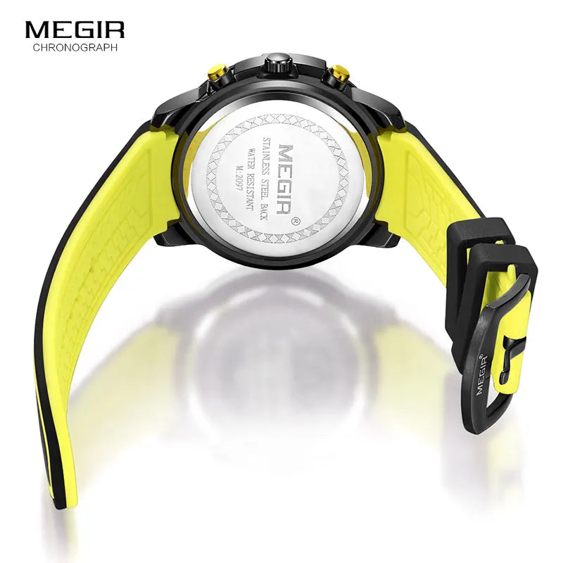 Men'S Black Silicone Strap Quartz Watches Chronograph Sports Wristwatch for Man 3Atm Waterproof Luminous Hands 2097 Yellow