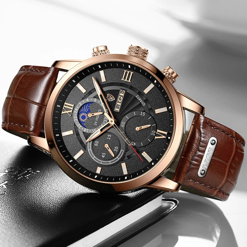 2025 New Mens Watches LIGE Top Brand Luxury Leather Casual Quartz Watch Men'S Sport Waterproof Clock Watch Relogio Masculino+Box