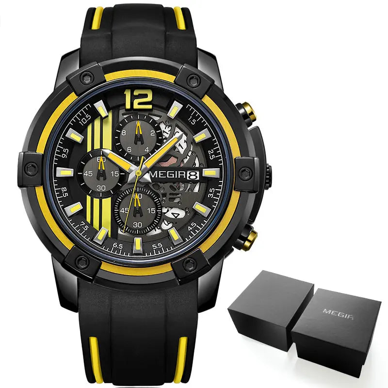 Men'S Black Silicone Strap Quartz Watches Chronograph Sports Wristwatch for Man 3Atm Waterproof Luminous Hands 2097 Yellow