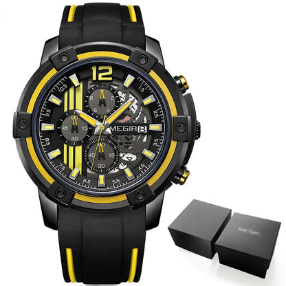 Men'S Black Silicone Strap Quartz Watches Chronograph Sports Wristwatch for Man 3Atm Waterproof Luminous Hands 2097 Yellow