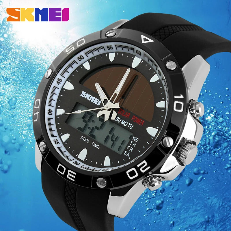 Watches Men Waterproof Solar Power Sports Casual Watch Man Men'S Wristwatches 2 Time Zone Digital Quartz LED Clock Men