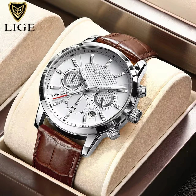 2025 New Mens Watches LIGE Top Brand Luxury Leather Casual Quartz Watch Men'S Sport Waterproof Clock Watch Relogio Masculino+Box