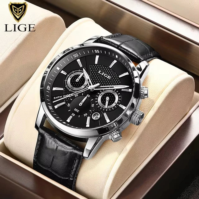 2025 New Mens Watches LIGE Top Brand Luxury Leather Casual Quartz Watch Men'S Sport Waterproof Clock Watch Relogio Masculino+Box