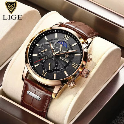 2025 New Mens Watches LIGE Top Brand Luxury Leather Casual Quartz Watch Men'S Sport Waterproof Clock Watch Relogio Masculino+Box