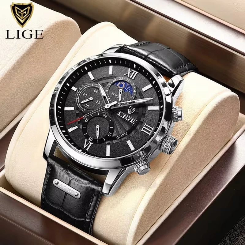 2025 New Mens Watches LIGE Top Brand Luxury Leather Casual Quartz Watch Men'S Sport Waterproof Clock Watch Relogio Masculino+Box
