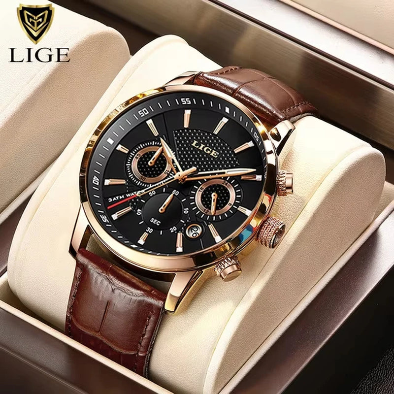 2025 New Mens Watches LIGE Top Brand Luxury Leather Casual Quartz Watch Men'S Sport Waterproof Clock Watch Relogio Masculino+Box