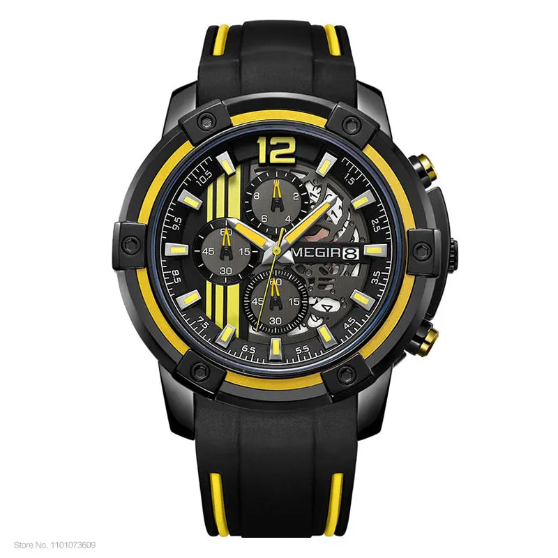 Men'S Black Silicone Strap Quartz Watches Chronograph Sports Wristwatch for Man 3Atm Waterproof Luminous Hands 2097 Yellow