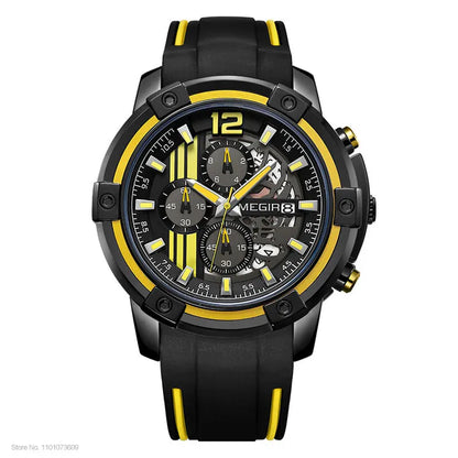 Men'S Black Silicone Strap Quartz Watches Chronograph Sports Wristwatch for Man 3Atm Waterproof Luminous Hands 2097 Yellow