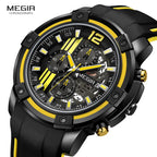 Men'S Black Silicone Strap Quartz Watches Chronograph Sports Wristwatch for Man 3Atm Waterproof Luminous Hands 2097 Yellow