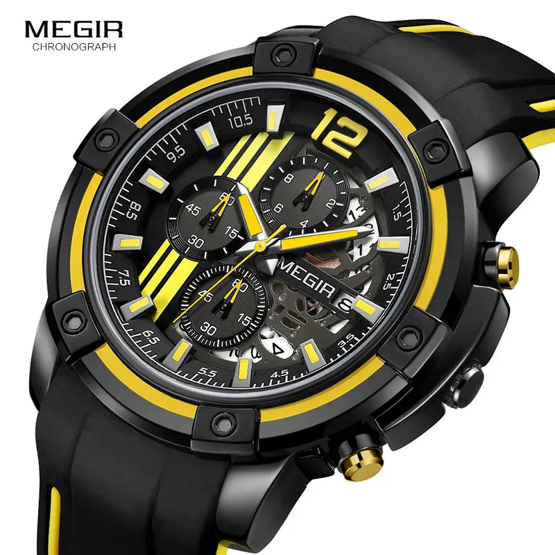 Men'S Black Silicone Strap Quartz Watches Chronograph Sports Wristwatch for Man 3Atm Waterproof Luminous Hands 2097 Yellow