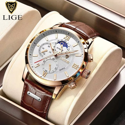2025 New Mens Watches LIGE Top Brand Luxury Leather Casual Quartz Watch Men'S Sport Waterproof Clock Watch Relogio Masculino+Box