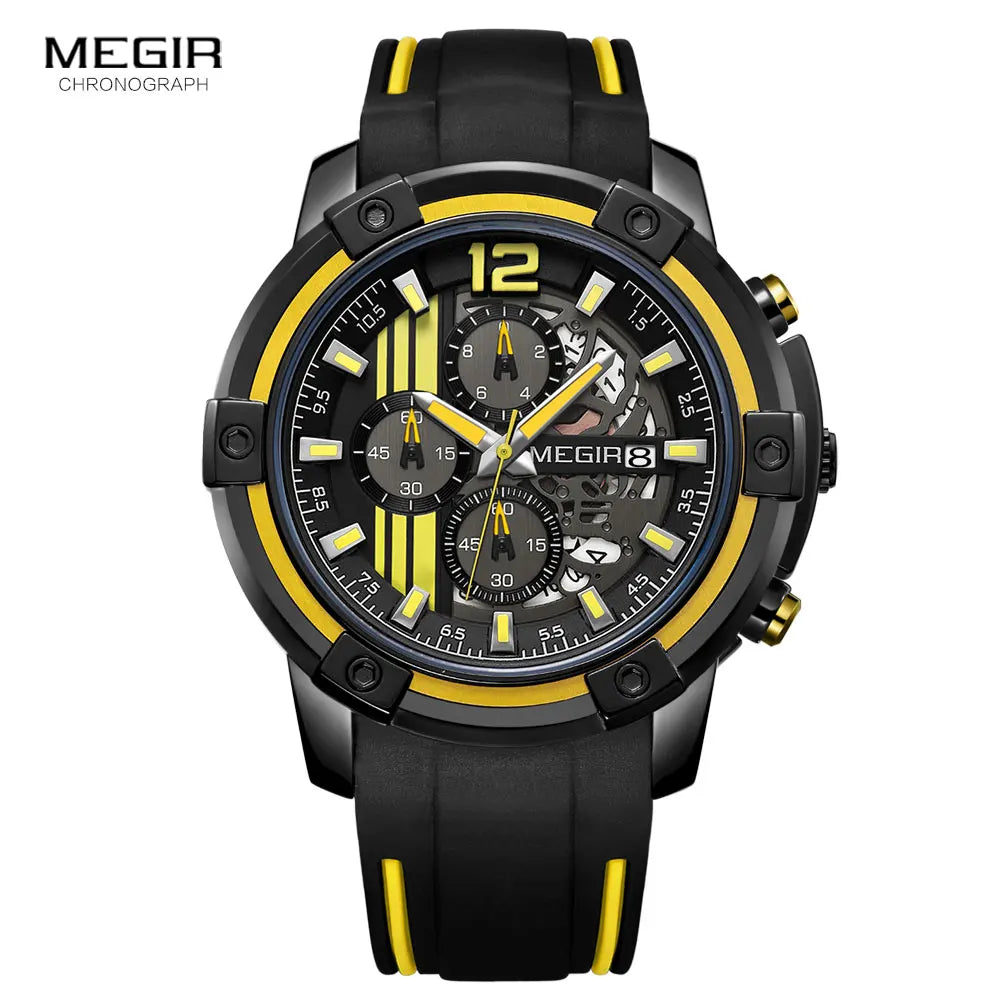 Men'S Black Silicone Strap Quartz Watches Chronograph Sports Wristwatch for Man 3Atm Waterproof Luminous Hands 2097 Yellow