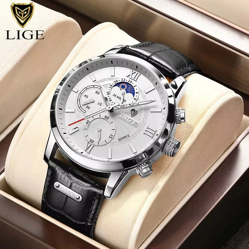 2025 New Mens Watches LIGE Top Brand Luxury Leather Casual Quartz Watch Men'S Sport Waterproof Clock Watch Relogio Masculino+Box