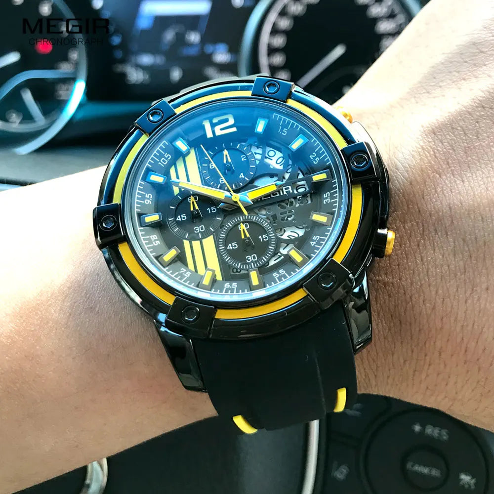 Men'S Black Silicone Strap Quartz Watches Chronograph Sports Wristwatch for Man 3Atm Waterproof Luminous Hands 2097 Yellow