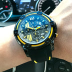 Men'S Black Silicone Strap Quartz Watches Chronograph Sports Wristwatch for Man 3Atm Waterproof Luminous Hands 2097 Yellow