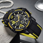 Men'S Black Silicone Strap Quartz Watches Chronograph Sports Wristwatch for Man 3Atm Waterproof Luminous Hands 2097 Yellow