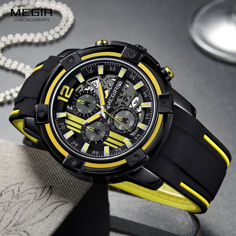 Men'S Black Silicone Strap Quartz Watches Chronograph Sports Wristwatch for Man 3Atm Waterproof Luminous Hands 2097 Yellow