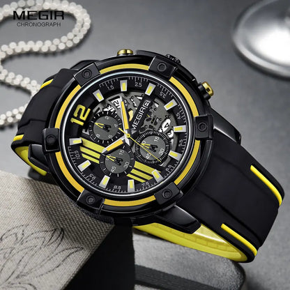 Men'S Black Silicone Strap Quartz Watches Chronograph Sports Wristwatch for Man 3Atm Waterproof Luminous Hands 2097 Yellow